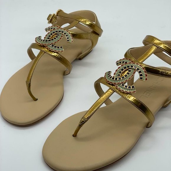 CHANEL 19A Leather CC Logo Thong T Strap Flat Gladiator Sandals Shoes - Picture 9 of 13